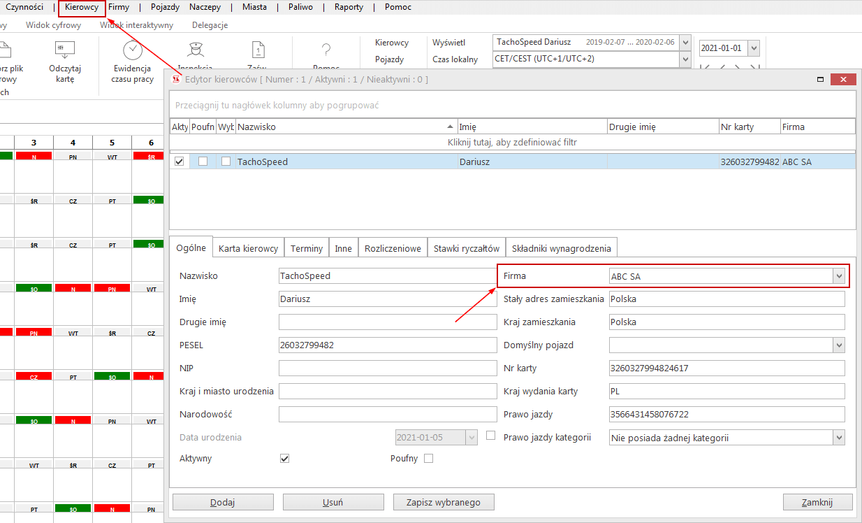 dodaj kierowce, czas pracy kierowcy, program do rozliczania kierowców