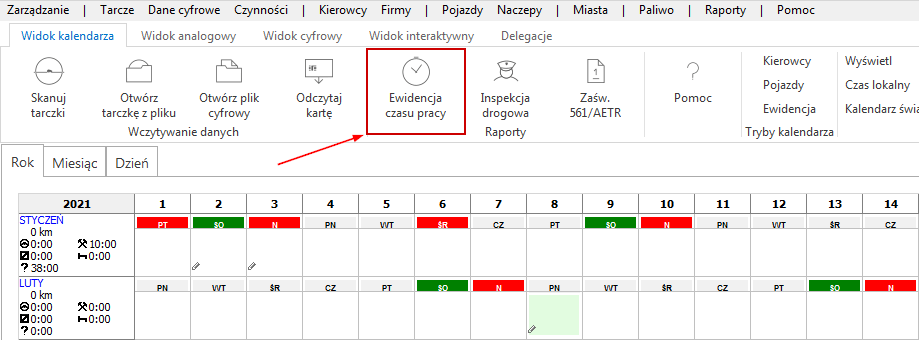 widok kalendarza, czas pracy kierowcy, program do rozliczania kierowców