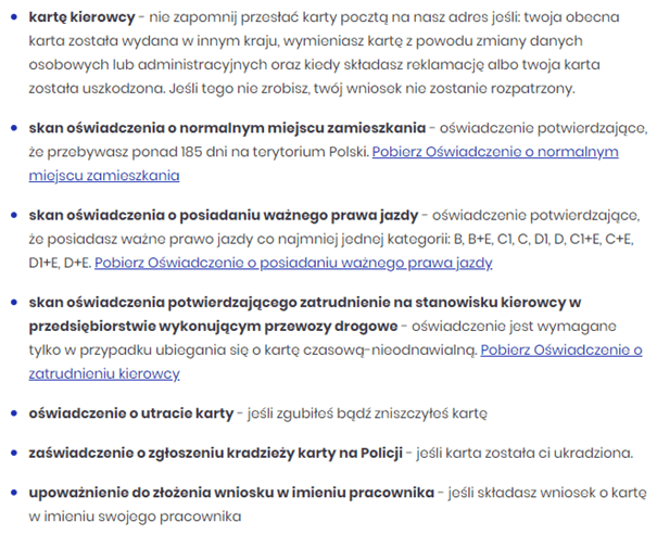 Wyrabianie karty kierowcy przez Internet 19, czas pracy kierowcy, program do rozliczania kierowców