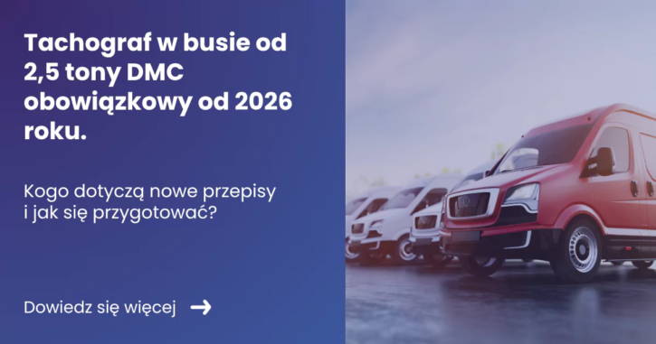 tachograf-w-busie-1 Banner tachograf w busie z lewej strony tytuł artykułu z prawej zdjęcie prezentujące flotę samochodów dostawczych