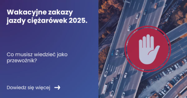 wakacyjne zakazy jazdy ciężarówek 2025 baner z tekstem po lewej stronie oraz zdjęciem autostrady od góry i ikona dłoni na czerwonym tle
