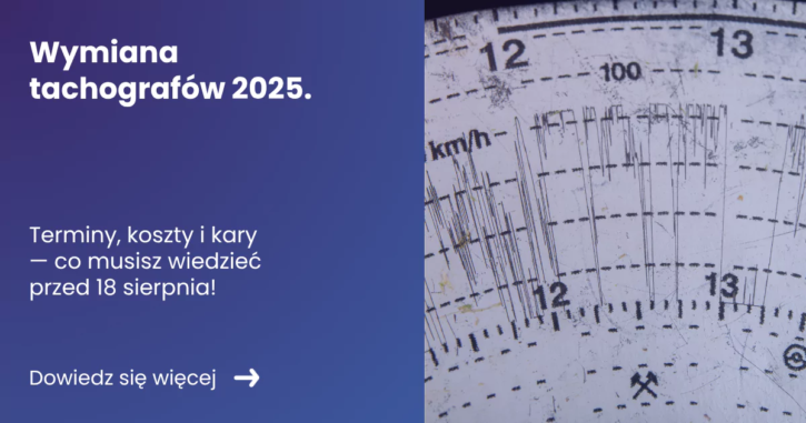 wymiana-tachografow-2025 banner z tekstem z lewej strony wymiana tachografów 2025 oraz zdjęciem tarczki z prawej
