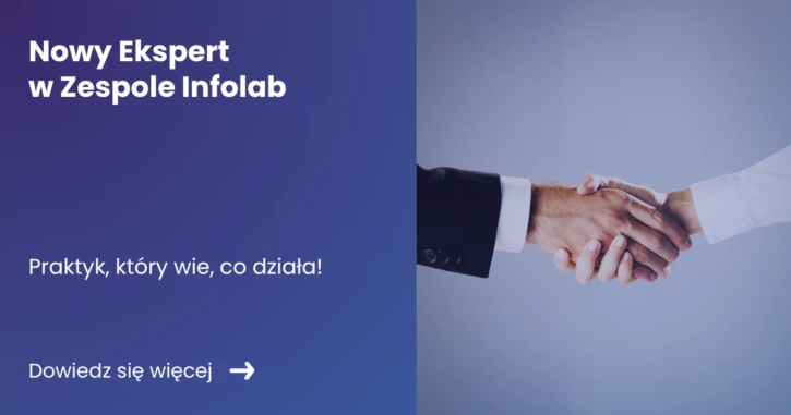 aktualnosci-nowa-osoba nowy ekspert banner z lewej strony zawierający tytuł artykułu z prawej zdjęcie uścisku dłoni