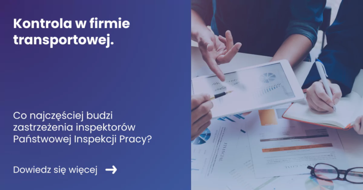 kontrola-w-firmie-transportowej banner zawierający z lewej strony tytuł artykułu kontrola w firmie transportowej. Z prawej zdjęcie dokumentacji w rękach specjalistów