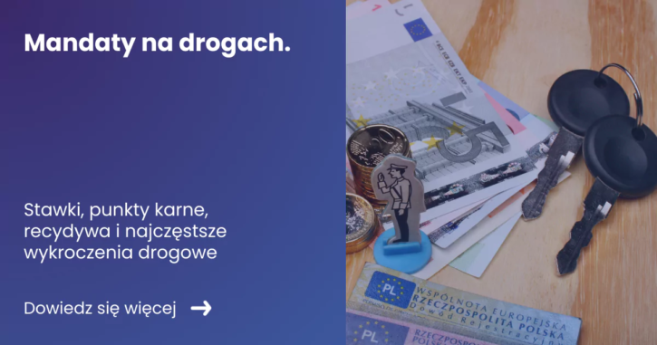 mandaty banner z lewej strony tytuł artykułu: Mandaty na drogach. Z prawej zdjecie przedstawiające kluczyki, prawo jazdy i pieniądze leżące na stole