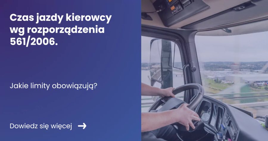 czas-jazdy-kierowcy Banner zawierający z lewej strony tytuł artykułu: Czas jazdy kierowcy, a z prawej strony zdjęcie prezentujące kabinę kierowcy ciężarówki
