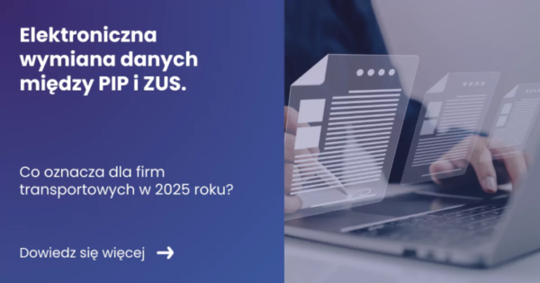 banner z lewej strony zawierający tytuł artykułu: Elektroniczna wymiana danych między PIP i ZUS z prawej strony zdjęcie przestawiające otwartego laptopa a nad nim hologram ikon dokumentów