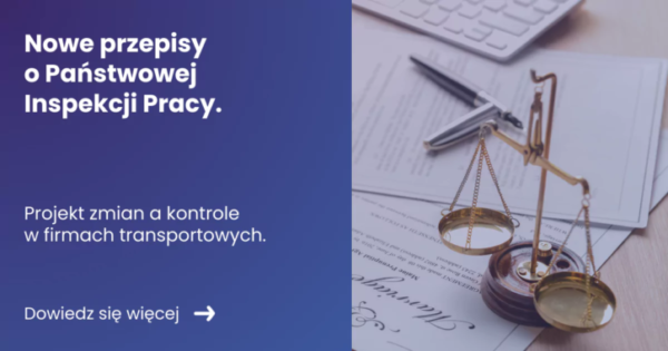 Banner prezentujący z lewej strony tytuł artykułu: Nowe przepisy o Państwowej Inspekcji Pracy z prawej zdjęcie wagi sprawiedliwości ułożonej na dokmentach