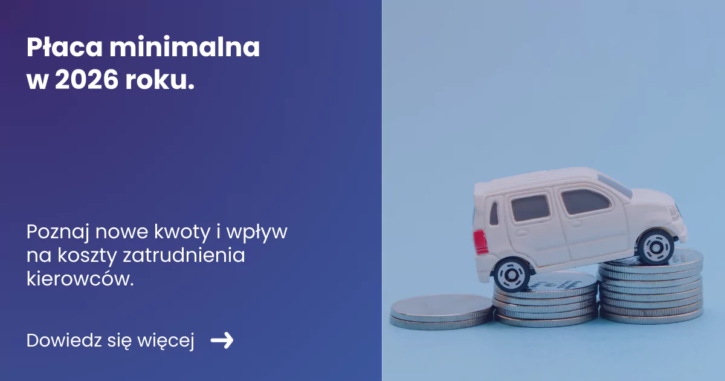 Grafika z lewej strony prezentująca tytuł artykułu: Płaca minimalna w 2026 z prawej zdjęcie miniaturki pojazdu na stosie monet.