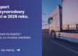 Grafika prezentująca z lewej strony tytuł artykułu: Transport międzynarodowy stawki w 2025 roku. z prawej zdjęcie ciężarówki na autostradzie