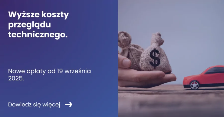 wyzsze-koszty-przegladu-technicznego-nowe-oplaty-od-19-wrzesnia-2025 Banner prezentujący po lewej stronie tytuł artykułu: Wyższe koszty przeglądu technicznego. Z prawej zdjęcie ręki trzymającej worek z gotówką oraz widoczny w tle samochód