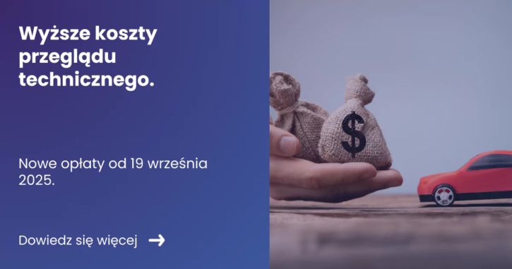 Banner prezentujący po lewej stronie tytuł artykułu: Wyższe koszty przeglądu technicznego. Z prawej zdjęcie ręki trzymającej worek z gotówką oraz widoczny w tle samochód