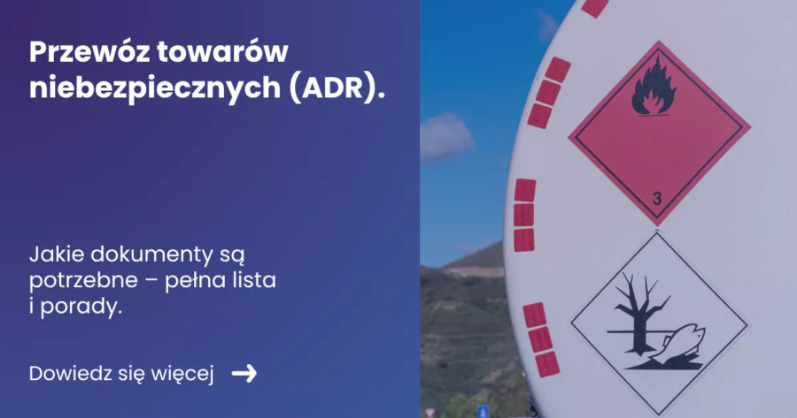 przewoz-towarow-niebezpiecznych-adrwebp Grafika prezentująca z lewej strony tytuł artykułu: Przewóz towarów niebezpiecznych ADR z prawej strony zdjęcie cysterny z oznakowaniem ADR