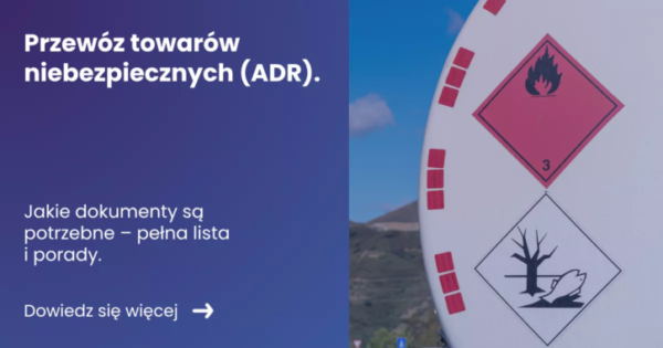 przewoz-towarow-niebezpiecznych-adrwebp Grafika prezentująca z lewej strony tytuł artykułu: Przewóz towarów niebezpiecznych ADR z prawej strony zdjęcie cysterny z oznakowaniem ADR