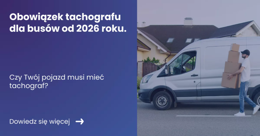 obowiazek-tachografu-dla-busow-od-2026-roku Grafika prezentująca z lewej strony tytuł Obowiązek tachografu dla busów z prawej strony zdjęcie prezentujące kuriera niosącego paczki samochód dostawczy