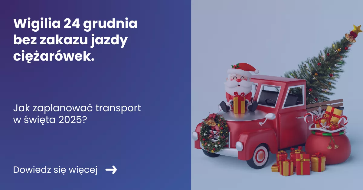 Grafika prezentująca z lewej strony tytuł artykułu: Wigilia 24 grudnia bez zakazu jazdy ciężarówek. z prawej zdjęcie przedstawiające zabawkowy samochód z prezentami i mikołajem