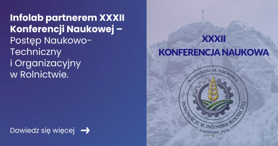Grafika prezentująca z lewej strony tytuł Infolab partnerem XXXII konferencji naukowej. Z prawej zdjęcie ze strony organizatora