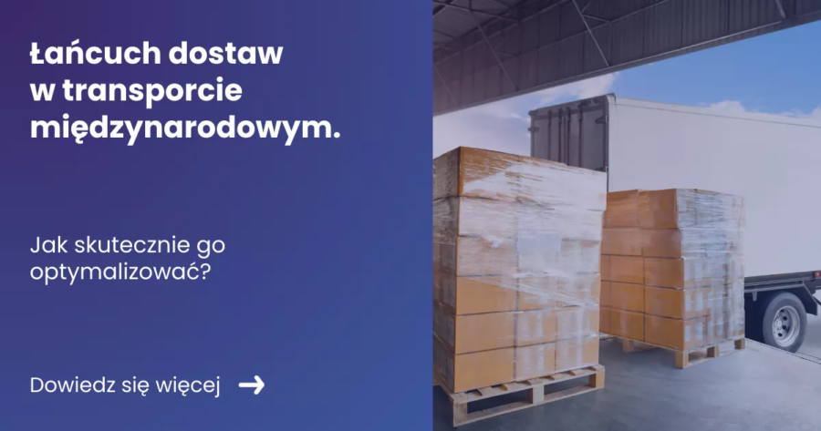 lancuch-dostaw-w-transporcie-miedzynarodowym Grafika prezentująca z lewej strony tytuł artykułu: Łańcuch dostaw w transporcie z prawej strony zdjęcie rampy na której stoją palety z towarem załadunek do ciężarówki.