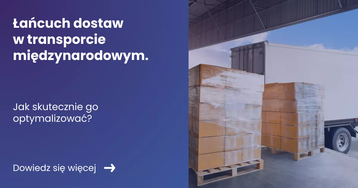 lancuch-dostaw-w-transporcie-miedzynarodowym Grafika prezentująca z lewej strony tytuł artykułu: Łańcuch dostaw w transporcie z prawej strony zdjęcie rampy na której stoją palety z towarem załadunek do ciężarówki.