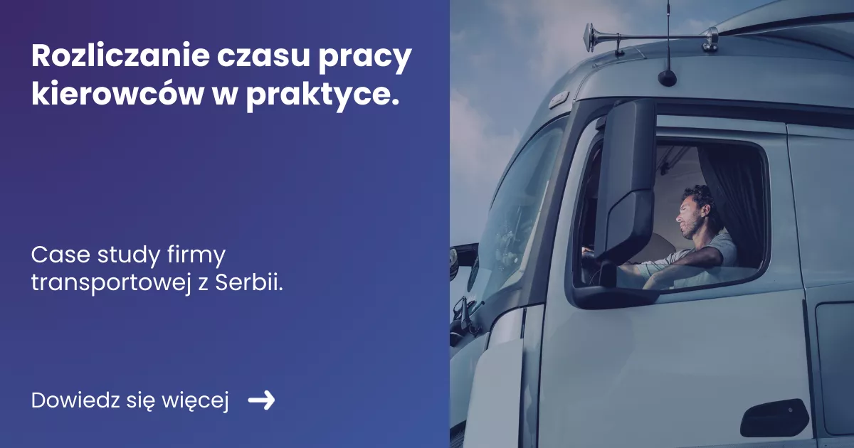 Grafika prezentująca z lewej strony tytuł artykułu: Rozliczanie czasu pracy kierowców w praktyce. Z prawej strony zdjęcie kierowcy w kabinie samochodu ciężarowego