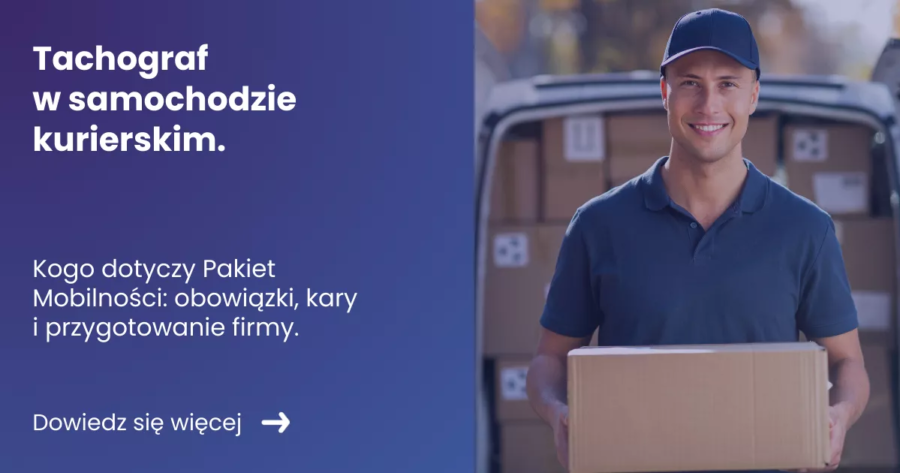 tachograf-w-samochodzie-kurierskim Grafika prezentująca z lewej strony tytuł artykułu: Tachograf w samochodzie kurierskim. Z prawej zdjęcie kuriera z paczką na tle samochodu kurierskiego