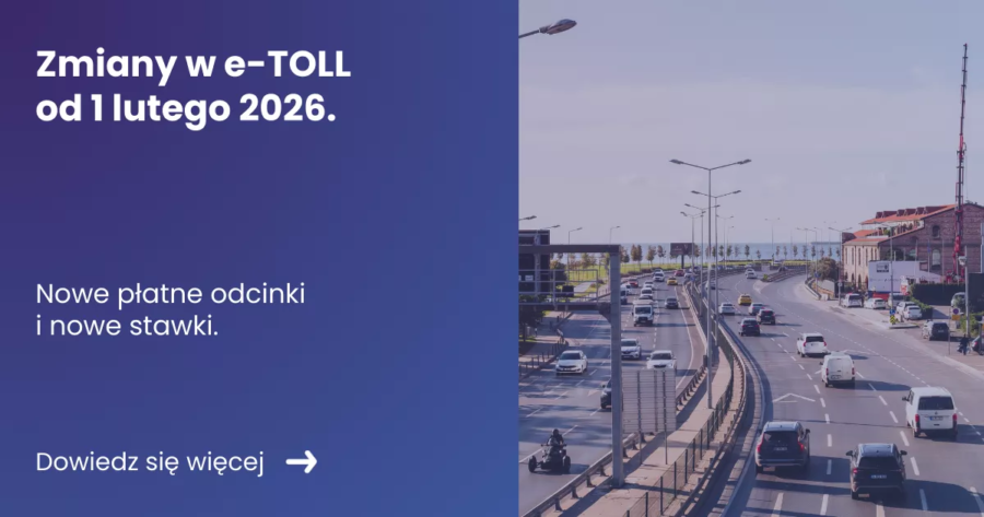 Grafika prezentująca z lewej strony tytuł artykułu: Zmiany w e-TOLL z prawej zdjęcie autostrady i poruszającej się po niej samochodów